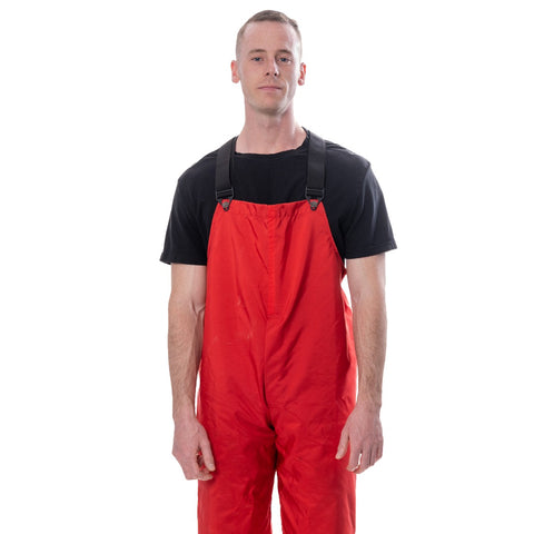 Bibbed Hurricane Rain Gear Pant in red nylon with adjustable suspenders